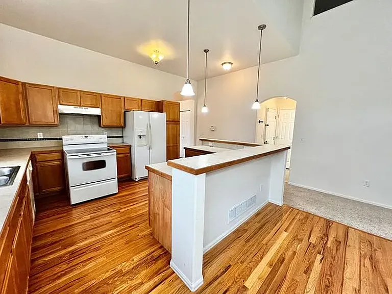 View of the kitchen from the dining area.