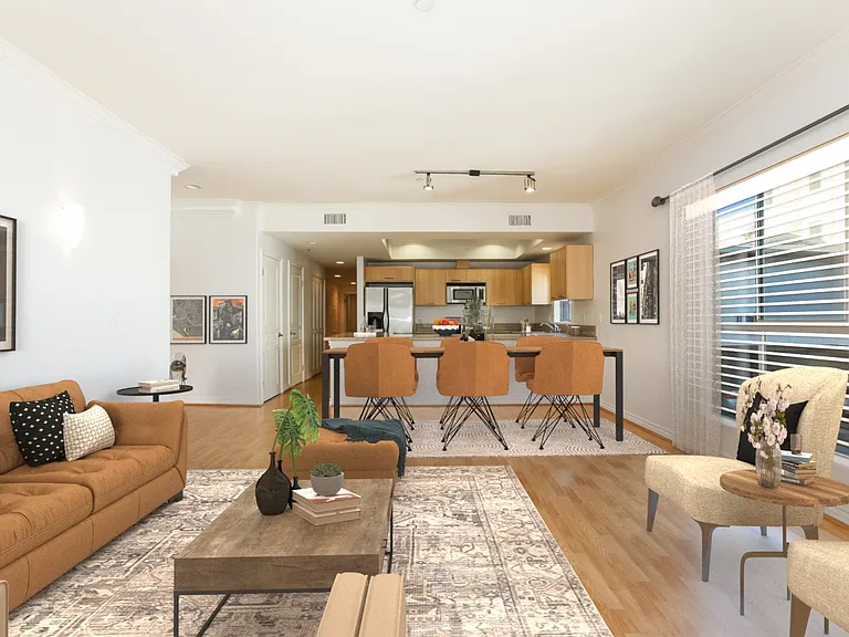 Living room, dining area, kitchen virtally staged
