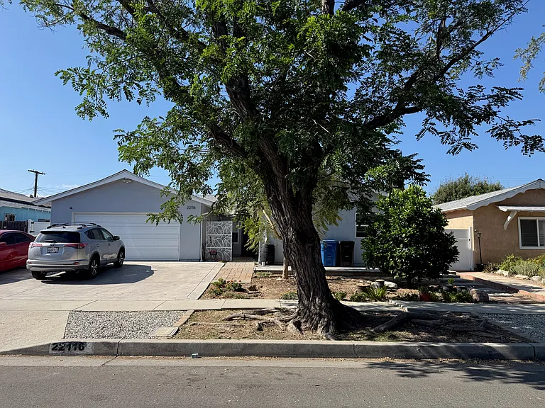 Property street view with your open parking space. The ADU is building is behind the tree.