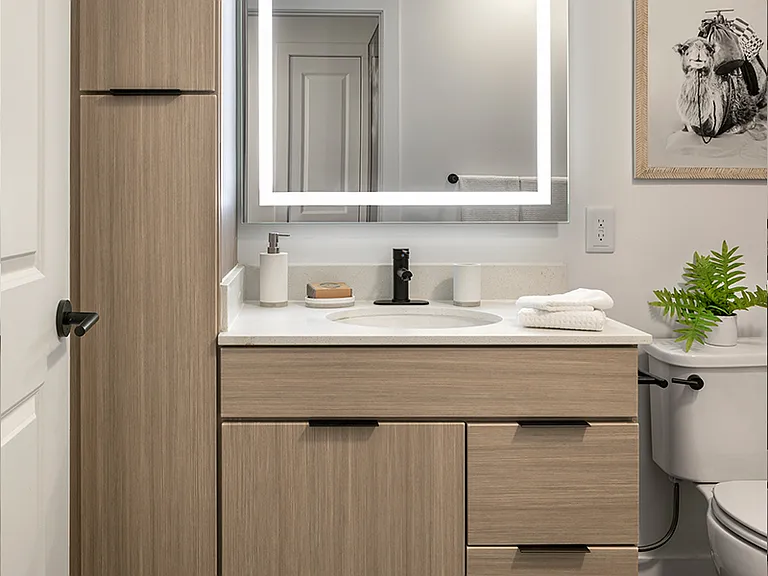 Apartment bathroom with wood-style flooring and LED vanity mirror.
