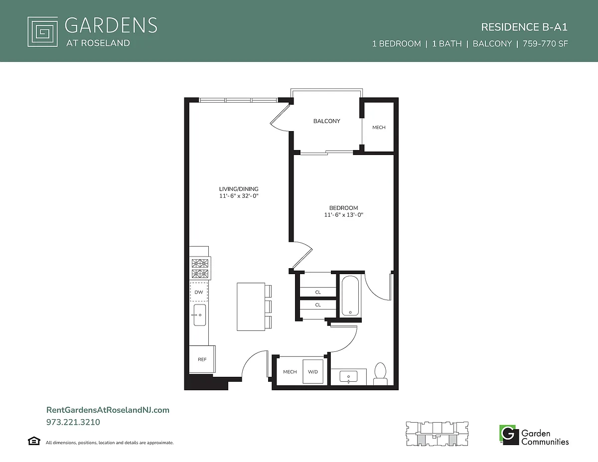 Floor plan One Bedroom Apartment with Balcony B-A1