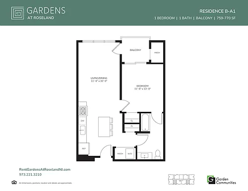 Floor plan One Bedroom Apartment with Balcony B-A1