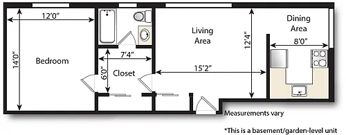 Floor plan 1 Emerson 1 Bedroom x 1 Bath