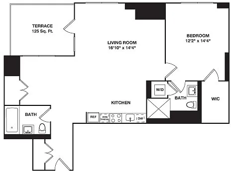 Floor plan One Bedroom with Alcove 12B