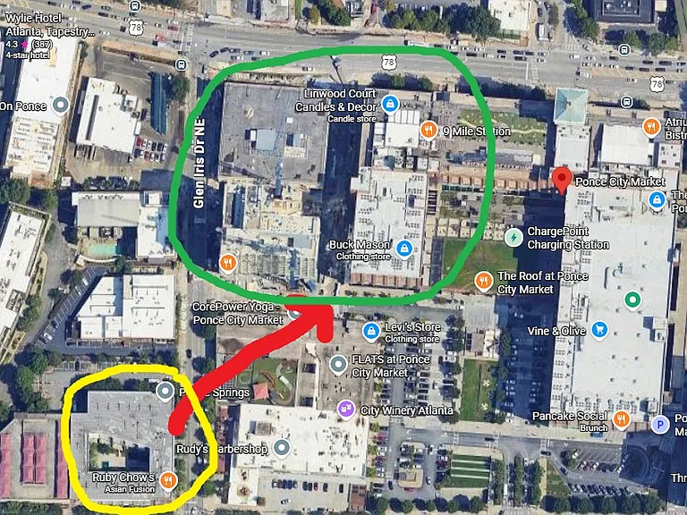 So close to Ponce City Market and shops/restaurants (Yellow is complex and Green is Ponce City Market)