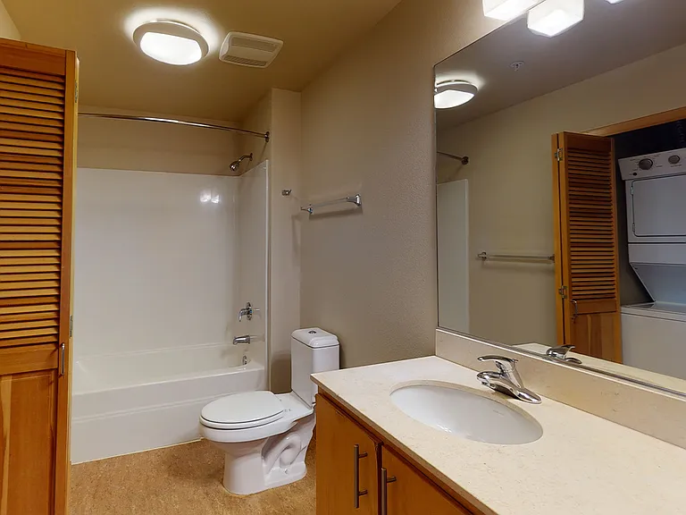 Apartment bathroom with wood-style flooring.