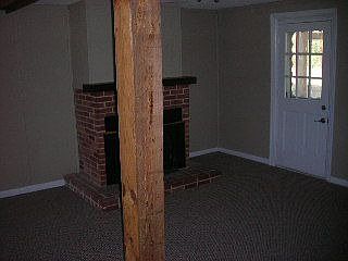Den with wood burning fireplace