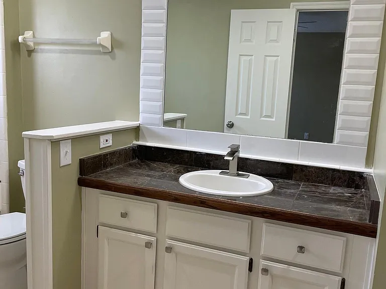 Master Bath, Travertine tile floor throughout, brushed nickel fixtures and faucets