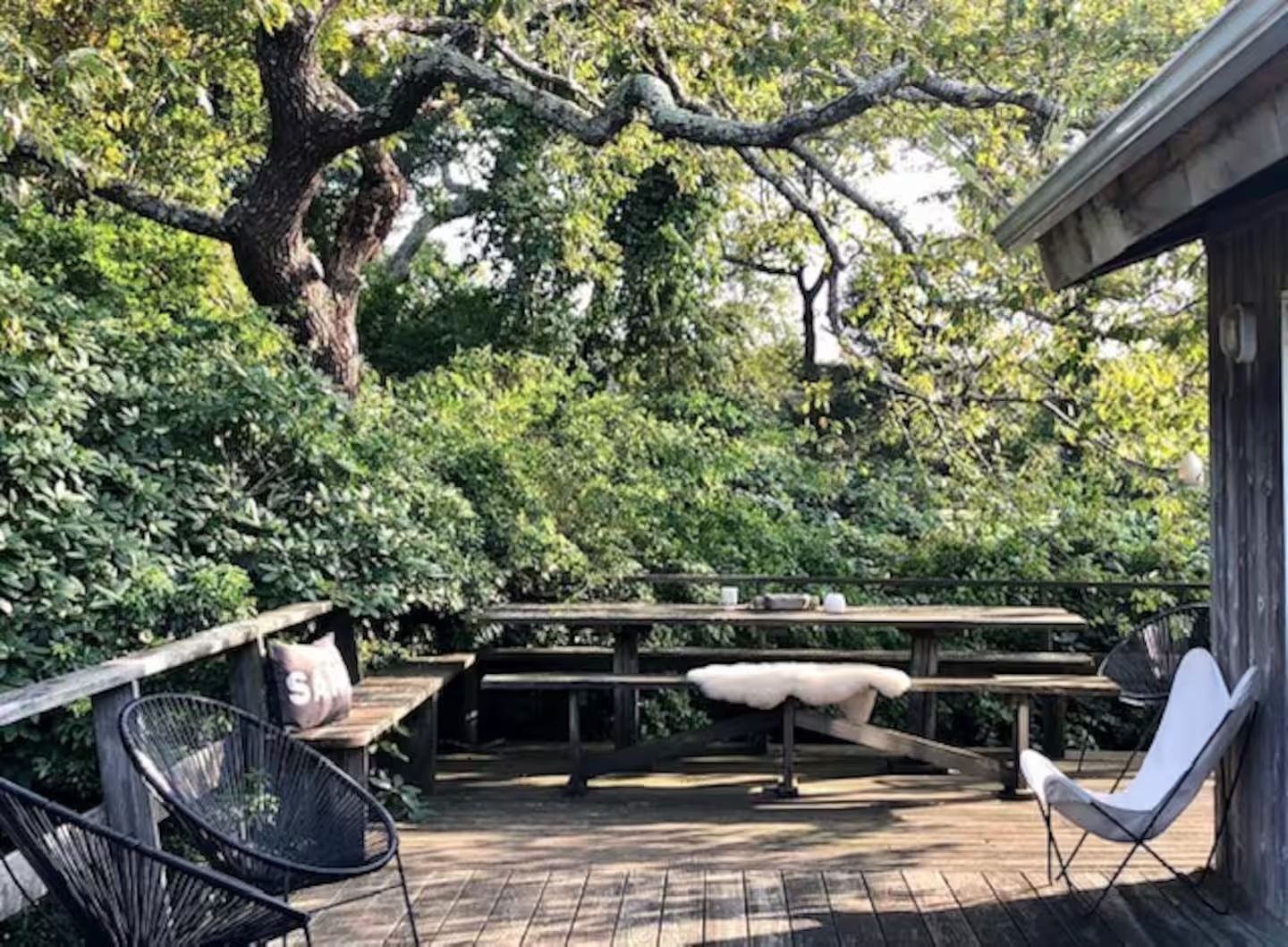 built in picnic table on deck