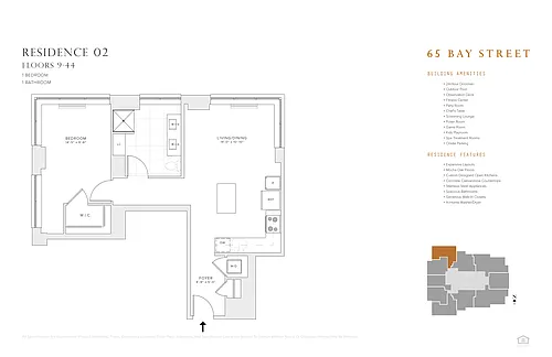 Floor plan 1 BR 1 BA Res 02 & 08: FL 8 - 44