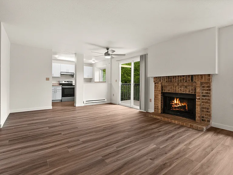 Enjoy the warmth of a classic brick fireplace and the charm of open-concept living in this beautifully updated apartment, complete with wood-style flooring and a modern kitchen. Enjoy the warmth of a classic brick fireplace and the charm of open-concept l