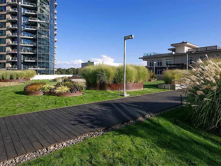 Apartment community eco terrace at Griffis South Waterfront in Portland, Oregon.