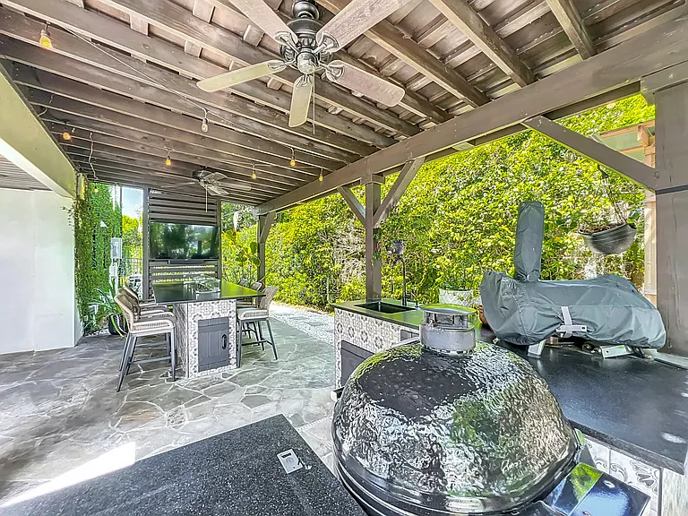 Outdoor Kitchen with sink, fridge, smoker, gas pizza oven and Bar with gas fire pit and TV