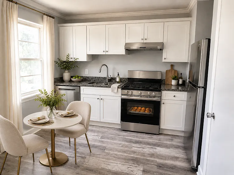 Chic, fully renovated white kitchen featuring brand-new stainless steel appliances