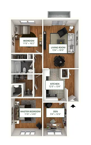 Floor plan 2BR 1.5BA w/Den (1000 SF)