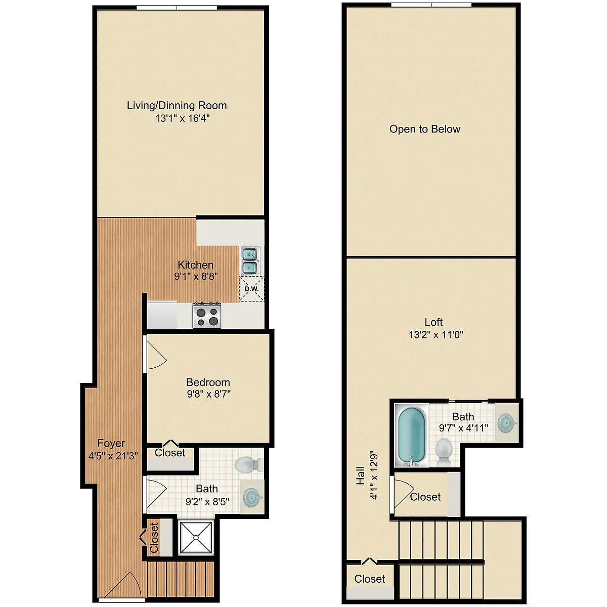 Floor plan 1 Bed 1.5 Bath Loft