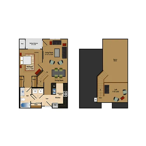 Floor plan 1 Bed + Loft, 1 Bath 858 SF AL3