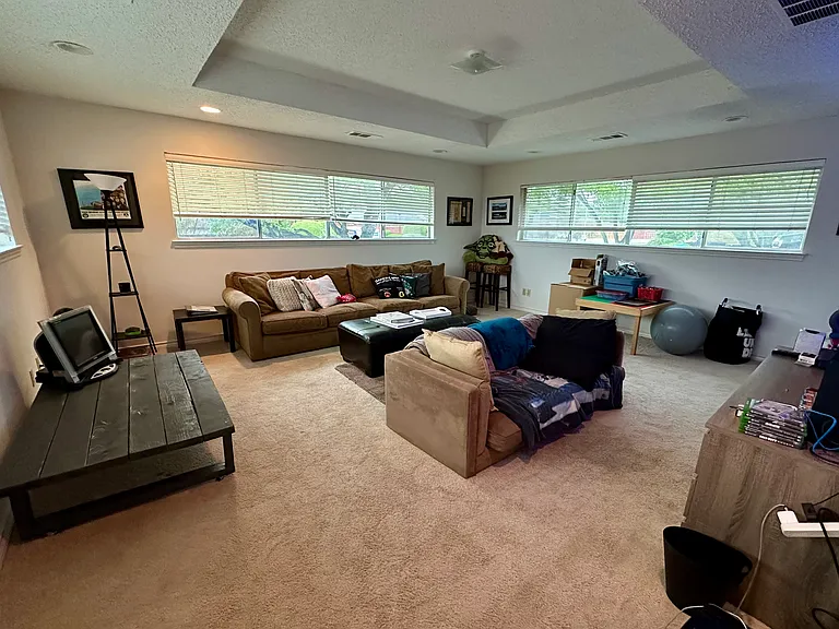 Upstairs game room featuring carpet floors, a tray ceiling, and a wealth of natural light