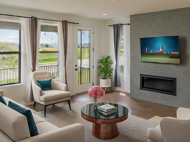 Comfortable living room featuring a central fireplace and natural light