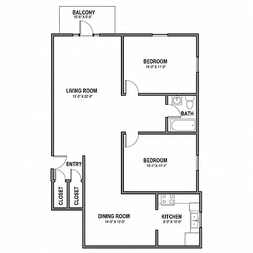 Floor plan 2 BR 1 Bath - Balcony