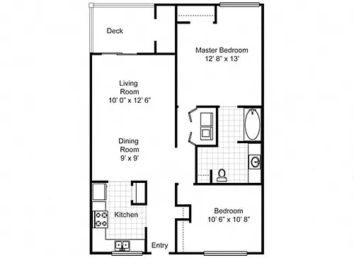 Floor plan 2 BEDROOM 1 BATH (950 SF)