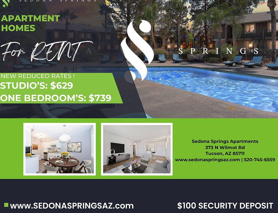 Move-In Specials You Don't Want to Miss!
Sedona Springs Apartments
373 N Wilmot Rd
Tucson, AZ 85711

Application Fee: Only $10

Admin Fee: Just $10

Security Deposit: Only $100

Community Features:

Swimming Pool

Co