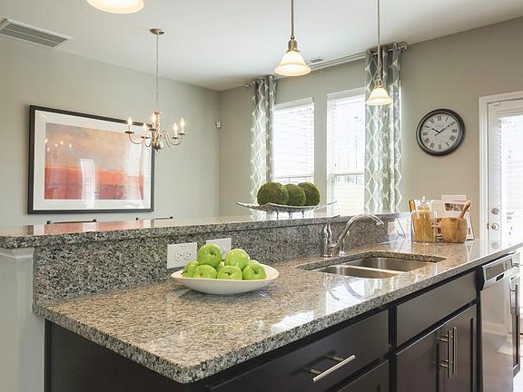 Kitchen with Gray Cabinets & Granite Countertops.
