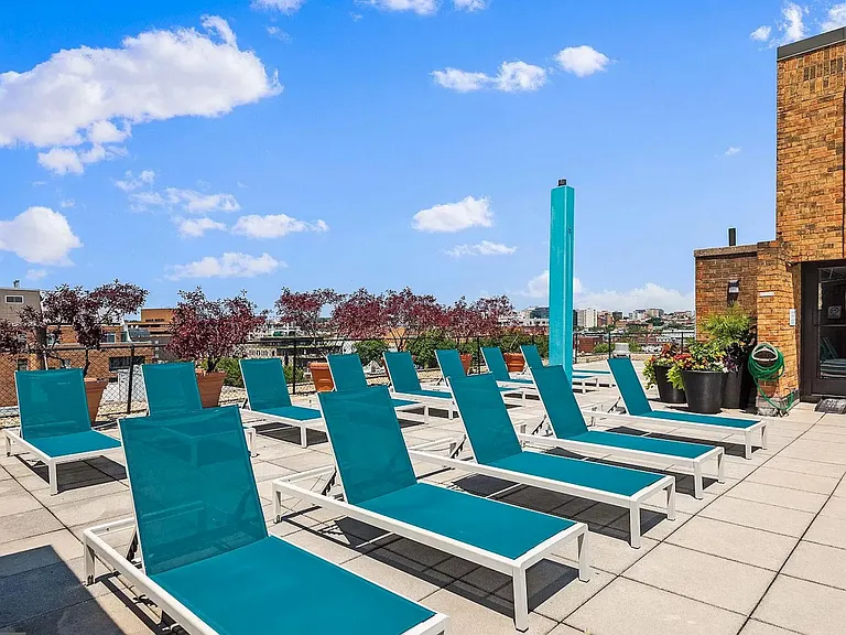 Private rooftop pool with lounge chairs and planters