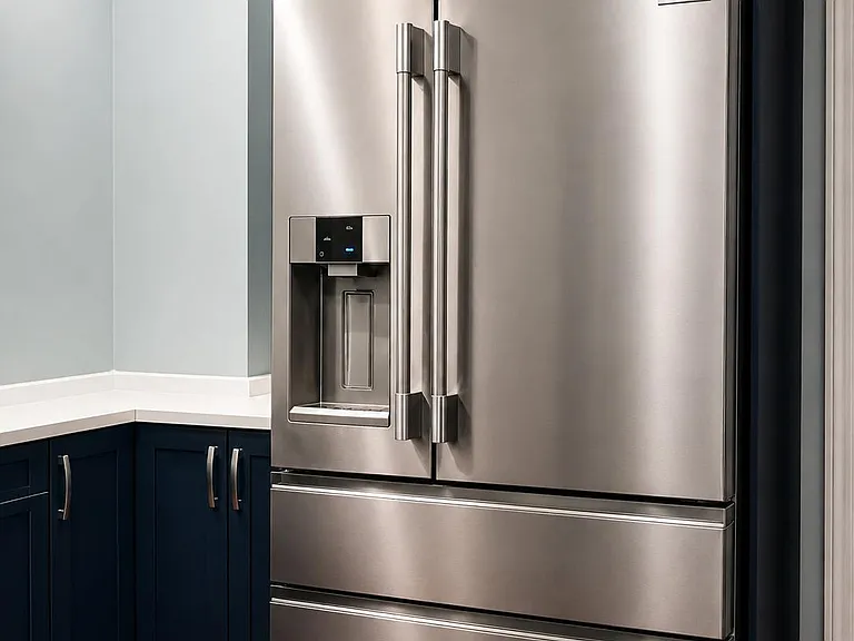 Stainless steel French-door refrigerator with water/ice dispenser, set among navy cabinetry and generous counter space.
