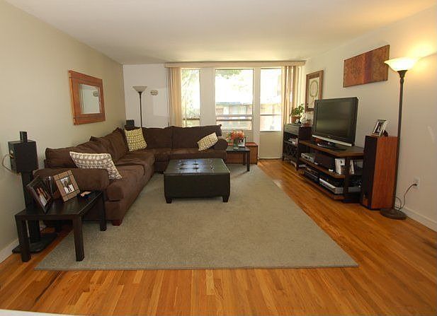 Sun lit living room with rich colored hardwood floors