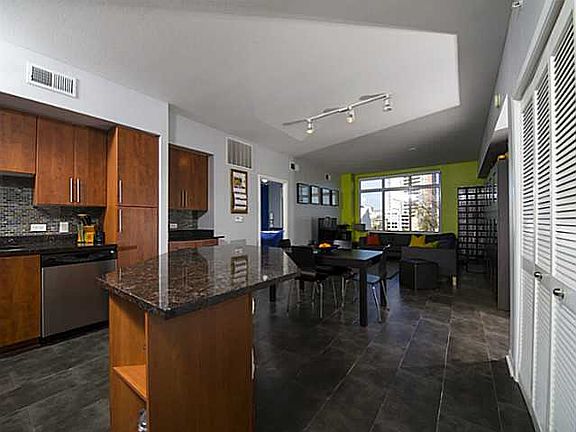 Kitchen, dining, living area