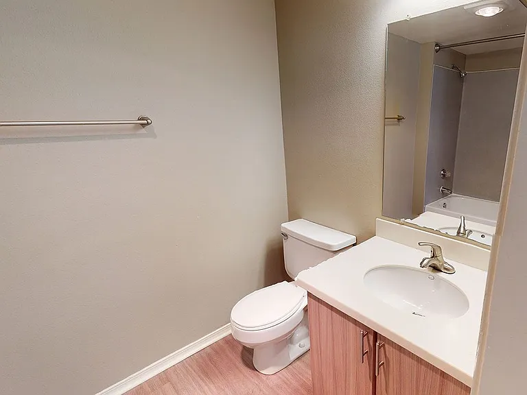Apartment bathroom with wood-style flooring.