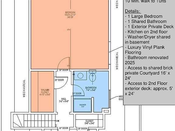 Scalable floor plan with room, closet, deck and shared bathroom highlighted.
