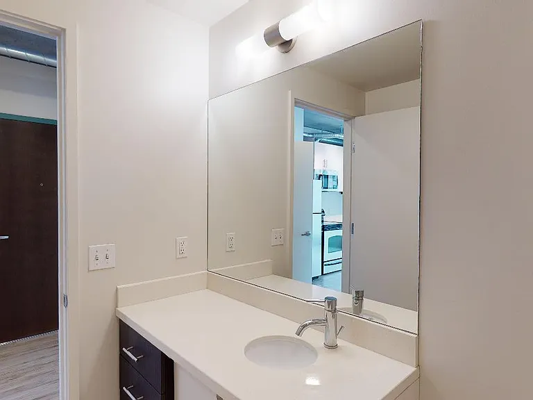 Apartment bathroom with wood-style flooring.