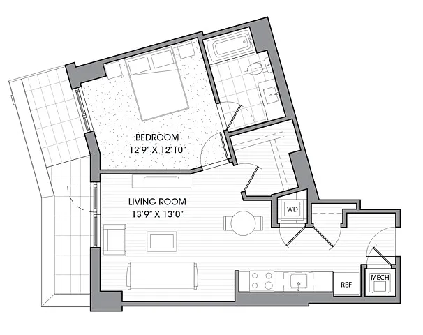 Floor plan One Bedroom One Bath (661 SF)