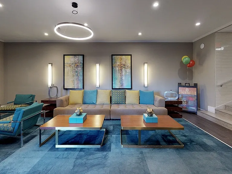 Lounge area with bold decor and modern lighting