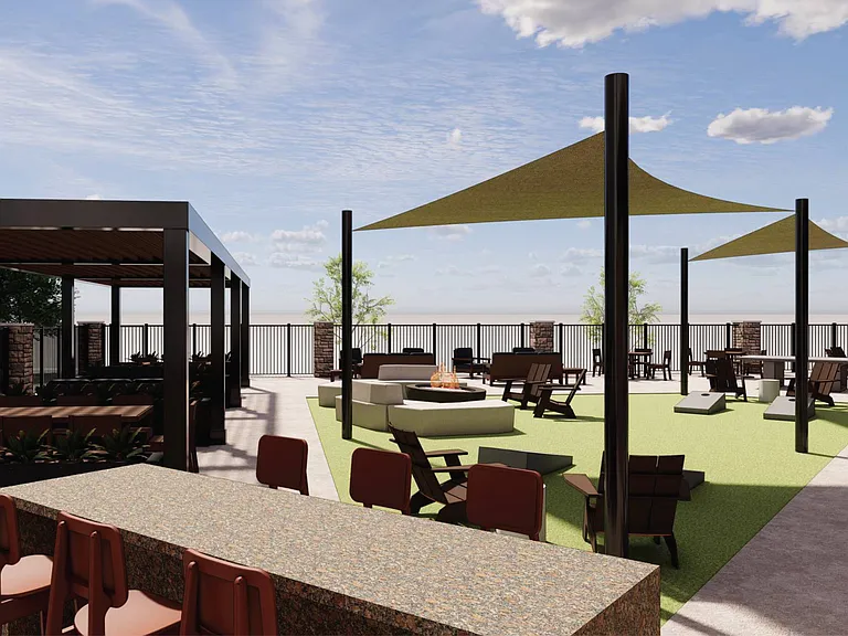 The outdoor patio is the ideal spot to enjoy a cup of coffee in the morning, catch up with friends, or relax.