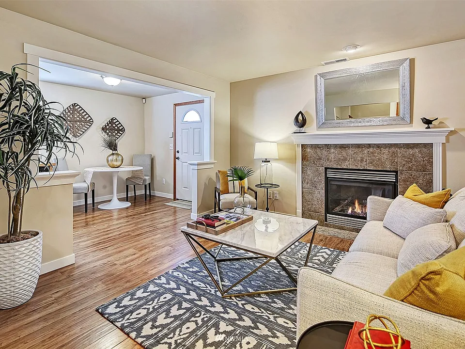 Open family room area with gas fireplace.