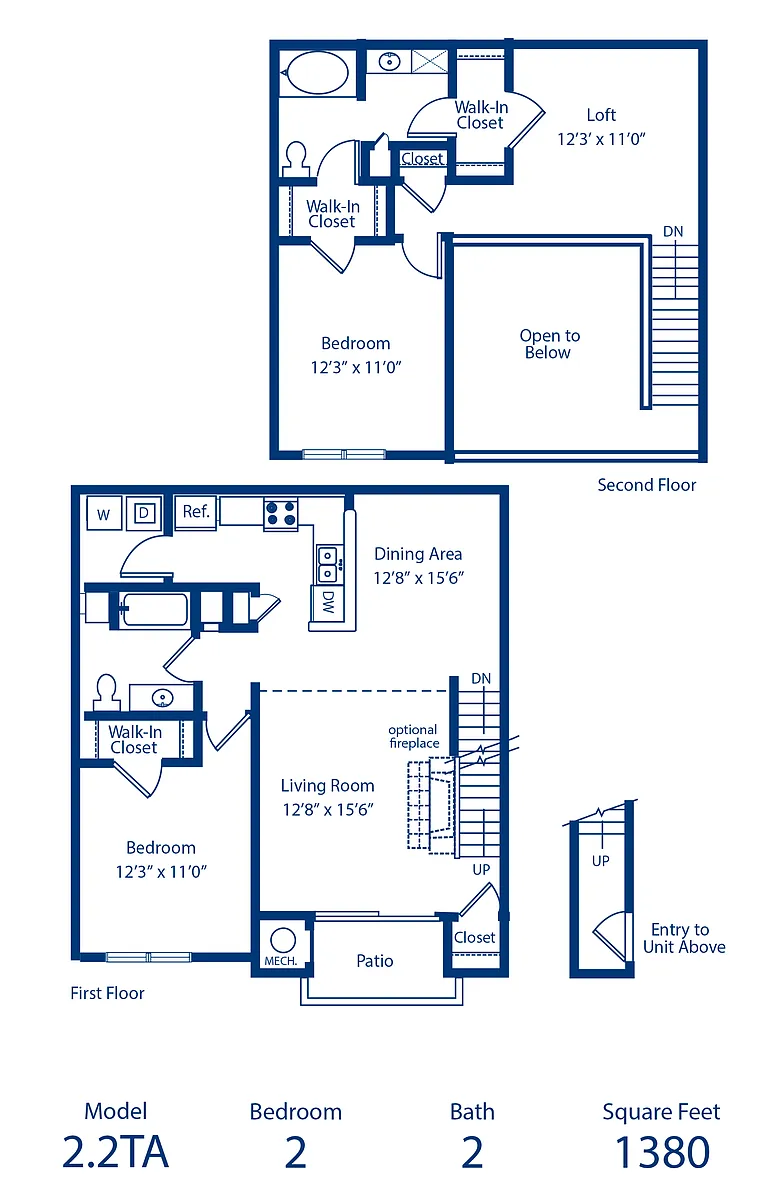Floor plan 2BR 2BA 1380 sqft Townhouse