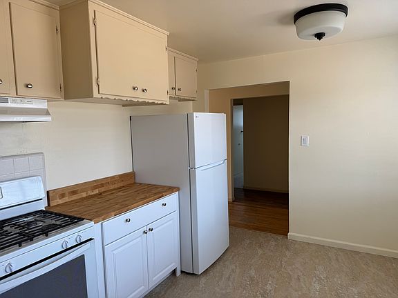 New refrigerator, cabinets, and butcher block for additional kitchen space.