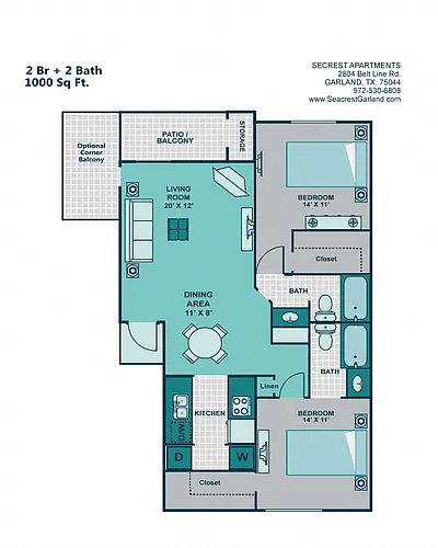 Floor plan 2 Bed 2 Bath B3 - 1000sqft