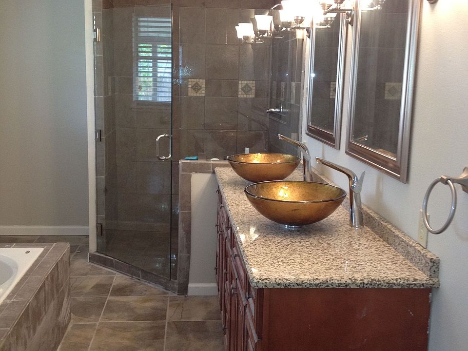 Master bath - double vessel sinks, tiled walk in shower