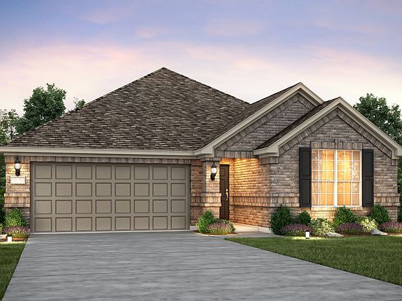 The Dayton, a one-story home with 2-car garage, shown with Home Exterior A