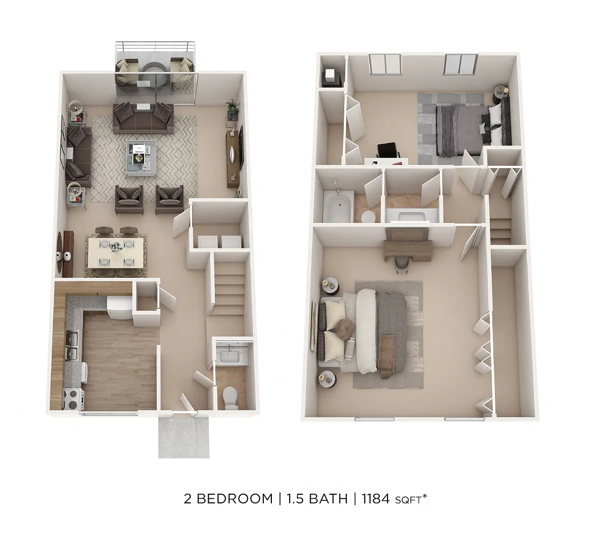Floor plan Two Bedroom 1.5 Bath Townhome- 1,184 sqft