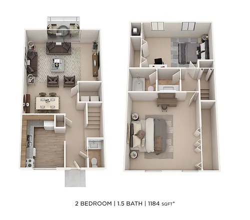 Floor plan Two Bedroom 1.5 Bath Townhome- 1,184 sqft