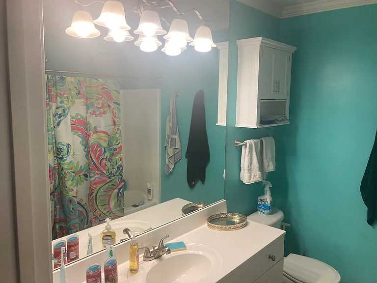 Bathroom has full mirror and plenty of storage space. Full tub for soaking and shower.