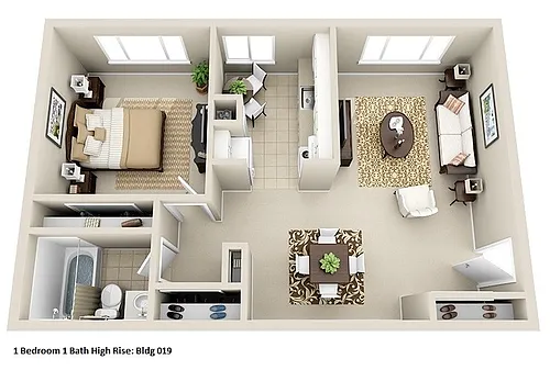 Floor plan High-Rise 1 Bedroom, 1 Bath