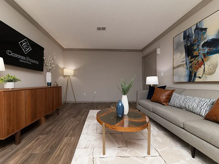 Spacious living room with hardwood-style flooring