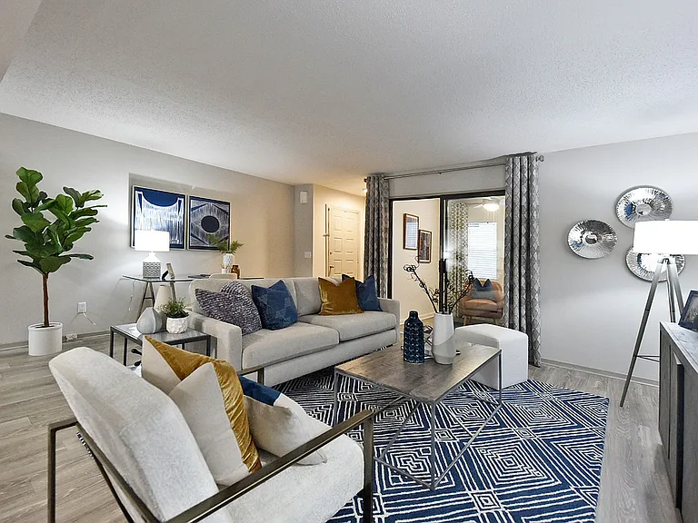 Spacious living room with hardwood-style flooring