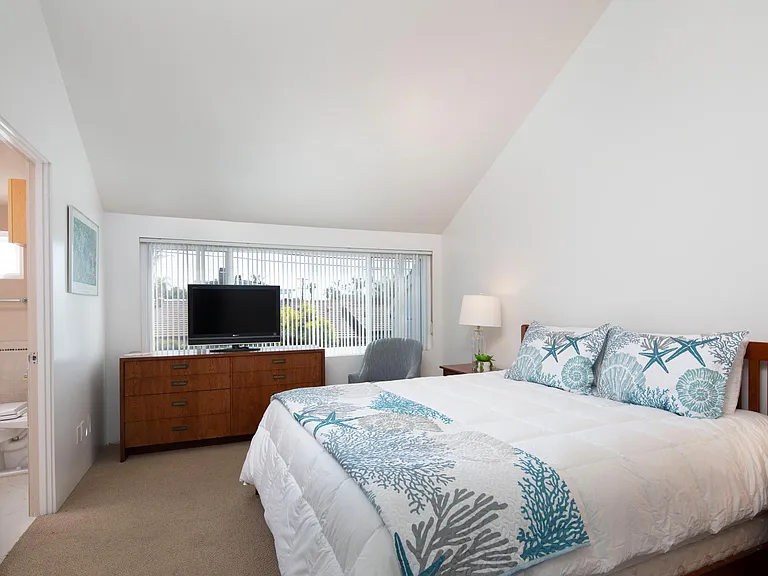 Upstairs primary bedroom has ensuite bathroom, king size bed and walk in closet!